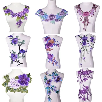 3D Cvet Vezenje Vijolično DIY Izrez Ovratnik Kostum Cvet Čipke Tkanine Poročno Obleko Obliž Pribor za Oblačila