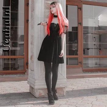 Ucuhulnl Vintage Obleko Goth Estetske Luna Povodcem Črne Obleke Gothic Seksi Čipke Visoko Pasu Mini Obleka Y2K Božič