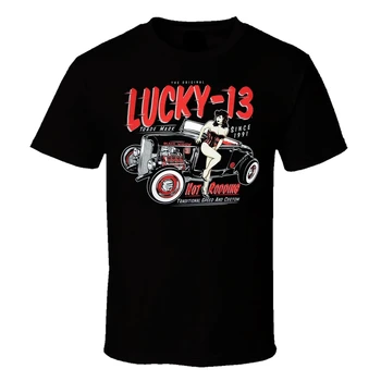 Mens Lucky 13 Vroče Rodding Letnik Logotip Black T Shirt Cafe Racer Motorno Kolo, Motorno Kolo Motociklist, T Srajce Moda Grafični Kratek
