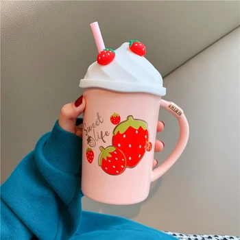 Sweet Strawberry Keramični Steklenico Vode S Slamo Za Dekleta INS Lep Ustvarjalni Roza Skodelice Mleka, Čaja, Kave Skodelice Vode