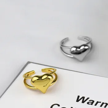 Minimalističen 925 Sterling Silver Obroči za Ženske Dvojno Srce Zlato Barvo Tendy Ustvarjalne Nepravilne Geometrijske Stranka Nakit Darila