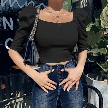 Vintage Puff Rokavi Ženske Bluzo Kvadratnih Vratu Korejskem Slogu Vrhovi Elegantno Seksi Bela Črna Slim Rastlinske Bluzo Ženske