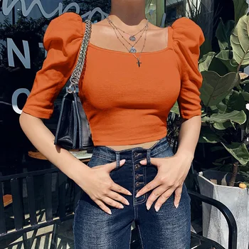 Vintage Puff Rokavi Ženske Bluzo Kvadratnih Vratu Korejskem Slogu Vrhovi Elegantno Seksi Bela Črna Slim Rastlinske Bluzo Ženske