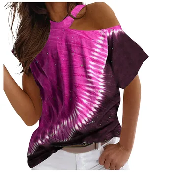 Ženske Poletne Tie Dye Natisnjeni T-shirt Seksi Off Ramenih Skew-vratu, Kratka sleeved Moda Plus Velikost Lady Ulične Priložnostne Vrhovi