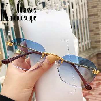 Kovinski Rimless sončna Očala Ženske 2021 Modni Oblikovalec Mala sončna Očala Moških Gradient Odtenki Očala Letnik Črni Čaj UV400