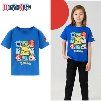 Poletje Otrok Srčkan Priložnostno Pokemon majica Bombaž Smešno Pikachuing Risanka Vzorec Oblačila Fantje in Dekleta in Otroške Kostume 2021