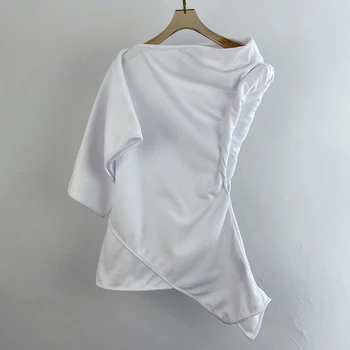 TWOTWINSTYLE Bela Minimalističen Vrhovi Za Ženske Nezakonitih Ovratnik, Kratkimi Rokavi Asimetrični T Shirt Ženski Modni Nova Oblačila 2021