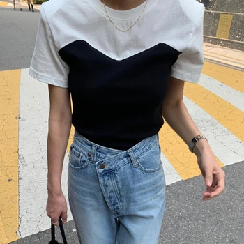 ZCSMLL Koreja elegantna poletje priložnostne krog vratu vrhovi kontrast, barve, design slim hujšanje varovanje pred tveganjem, kratki rokavi T-shirt vrh ženske
