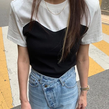 ZCSMLL Koreja elegantna poletje priložnostne krog vratu vrhovi kontrast, barve, design slim hujšanje varovanje pred tveganjem, kratki rokavi T-shirt vrh ženske