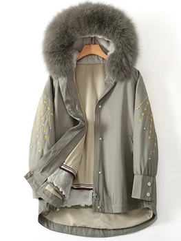Luksuzni Vezenje Ženske Parkas Pravi Fur Coats Naravnih Rex Zajec Krzno Linijskih 2020 Novo Hooded Debel Toplo Ženske Zimski Plašč M, L, XL