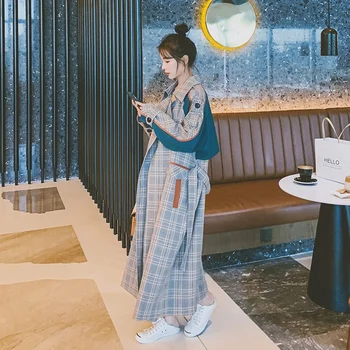 Čisto Nov korejskem Slogu Oversize Dolg Jarek Plašč za Ženske Mozaik Kariran s Pasom Dvojno Zapenjanje Lady delovna halja Plašč Plašč