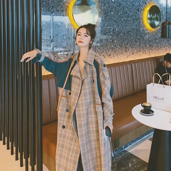 Čisto Nov korejskem Slogu Oversize Dolg Jarek Plašč za Ženske Mozaik Kariran s Pasom Dvojno Zapenjanje Lady delovna halja Plašč Plašč