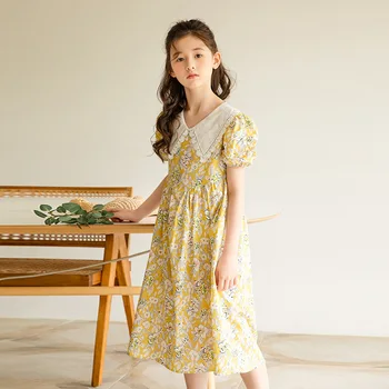 Cvetlični Obleko za Deklice, Kratek Rokav, otroška Oblačila Poletno Svetlobo Obleke 2021 Teenages Otroci Obleke 8 10 12 13 Letih Obleke