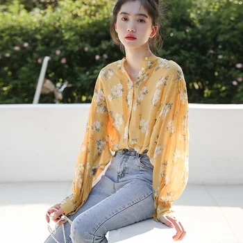Bat rokav bluzo shirt ženski chun xia joker ženski rumeni cvetni majica han izdaja Hong Kong