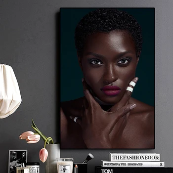 Črni Afriški Gola Ženska z Rdeče Ustnice Oljna slika na Platnu Plakatov in Fotografij Cuadros Stenskih slikah, za Dnevna Soba Dekor
