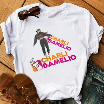 Ženska Oblačila Charli Damelio Kave Grafika, Tiskanje Tshirts Femme Majica s kratkimi rokavi Ženske Harajuku Kawaii Oblačila Hip Hop T-Shirt