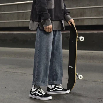 Naravnost skateboard jeans hlače za moške, svoboden širok noge hlače hip hop ulične pantalon homme jean moda masculina korejski 2021