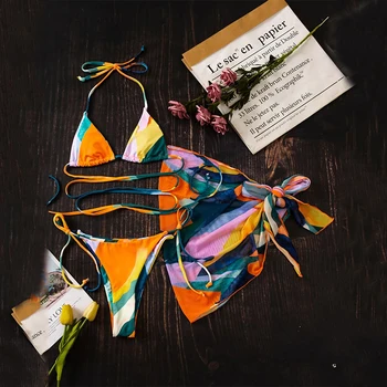 Seksi trikotnik mikro bikini 2021 Colorblock tiskanja kopalke ženske String čipke kopalke 3-kos očesa krilo kopalke Plavanje