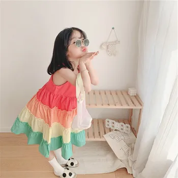 Poletje dekleta risanka obleke mavrica suspender obleko otrok korejska različica thecake obleko Preplete roža punca obleke