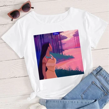 Pocahontas Tshirt Ženske 2021 Oversize Disney ženska Oblačila T-Shirt Princesa Pokantas Merida Pogumen Kratek Rokav Modi Beli Vrh