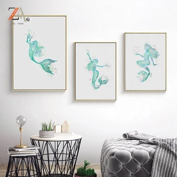 Nordijska povzetek risanka modra morska deklica wall art platno slikarstvo sodobno minimalistično plakate in grafike doma dekoracijo slikarstvo