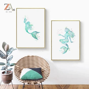 Nordijska povzetek risanka modra morska deklica wall art platno slikarstvo sodobno minimalistično plakate in grafike doma dekoracijo slikarstvo
