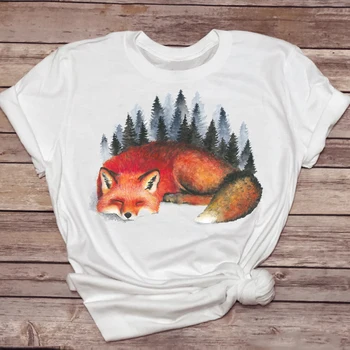 Ženske majice Kratek Rokav Srčkan Fox Živali Tiskanje 90. letih Stilsko Womens T Vrh Ženske Print Majica Lady 2021 Tee T-Shirt