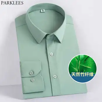 Zelena Moške Bambusa Vlaken Obleko Srajce 2021 Pomlad Novo Slim Fit Long Sleeve Majica Moški Formalnih Poslovnih Poroko Srajca Homme