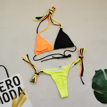 Mossha Brazilski mozaik kopalke Trikotnik mikro bikini komplet Seksi povodcem kopalke ženske String high cut kopalke Plaža obrabe