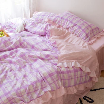 Štiri-delni set na oprati bombaž posteljo Kariran korejskem slogu preje-barvane odeja zajemajo Stanja čipke tri-kos študentskih spalnico set