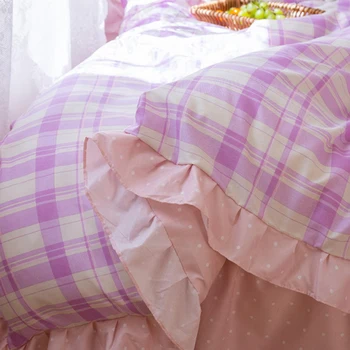 Štiri-delni set na oprati bombaž posteljo Kariran korejskem slogu preje-barvane odeja zajemajo Stanja čipke tri-kos študentskih spalnico set