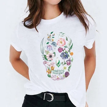 Majica za Ženske, Kratek Rokav Cvetlični Lobanje Mujer Camisetas Halloween Tiskanja Dama, T-majice Ženske Tee Vrhu Ženska Graphic T-Shirt