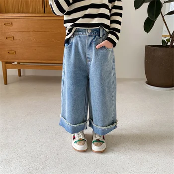 Korejski slog otroci traper širok noge hlače moda dekleta svoboden casual kavbojke 1-7Y
