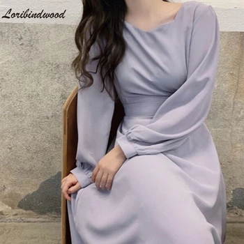 2021 Novo Pomlad Jesen Ženske Obleke Proti-Vrat Čipke Visoko Pasu Trdno Oversize Korejski Elegantno Letnik Ženske Midi Obleke
