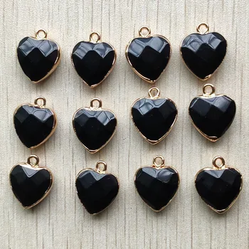 Debelo 12pcs/veliko dobre kakovosti naravnih črni kamen zlata strani srce oblika obeski 14 mm za nakit, izdelava
