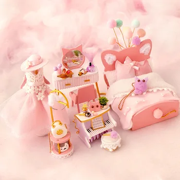 DIY Lesene Roza Miniaturnega Pohištva Lutke Kit Roombox Z Dodatki Svetlobe Lutka Hiša Casa Igrače za Otroke, Dekleta Darila