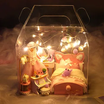 DIY Lesene Roza Miniaturnega Pohištva Lutke Kit Roombox Z Dodatki Svetlobe Lutka Hiša Casa Igrače za Otroke, Dekleta Darila