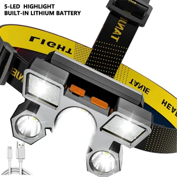 2021 USB Polnilne 5LED Z vgrajenim 18650 Baterijo Prenosna LED Svetilka Luč Žaromet Prostem Kampiranje Žarometov