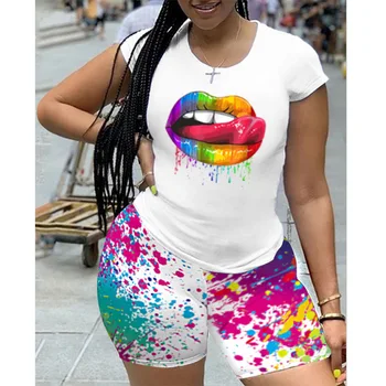 2021 Ženska Poletje Priložnostne Brizga Črnilo Za Ustnice Tiskanje Dveh Kosov Hlače Obleko Nastavite Dame Plus Velikost Kratek Rokav T-Shirt Oversize