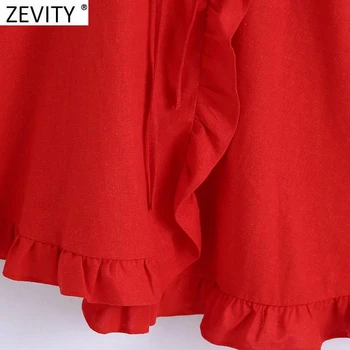 Zevity Ženske Mode Križ V Vratu Ruffles Rdeče Kimono Obleko Femme Elegantna Sladko Pleat Puff Rokav Priložnostne Čipke Mini Vestido DS8519
