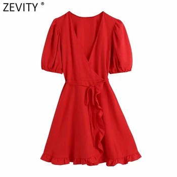 Zevity Ženske Mode Križ V Vratu Ruffles Rdeče Kimono Obleko Femme Elegantna Sladko Pleat Puff Rokav Priložnostne Čipke Mini Vestido DS8519