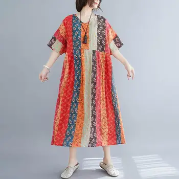 Prevelik Ženske Cvjetnim Tiskanja Bombaž Perilo Dolge Poletne Obleke Vintage Plašč Femme Priložnostne Boho Vestido Maxi Obleko 2021 Nova Moda