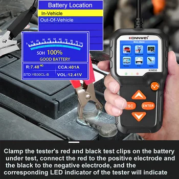 KONNWEI Akumulator Tester Za 6V Motocikel Baterije Tester 12V Avto Analyzer 100 do leta 2000, CCA Baterije Tester PK KW650