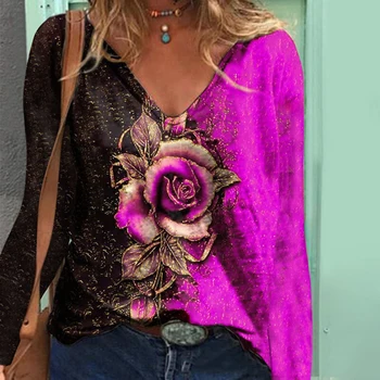 Poletje Ženske Nov Modni Cvetlični Vzorec T-shirt Gospa Rose Tiskanje Vrhovi Ženske Izgubijo Proti-vrat Dolg Rokav Obleke