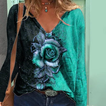 Poletje Ženske Nov Modni Cvetlični Vzorec T-shirt Gospa Rose Tiskanje Vrhovi Ženske Izgubijo Proti-vrat Dolg Rokav Obleke