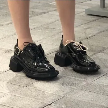 Debelo dno priložnostne čevlji ženski pravega usnja krog toe kovinske sponke dekor Britanskem slogu platformna čipke ravno čevlji ženske