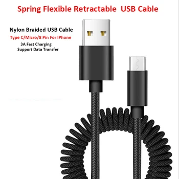 Pomlad Prožni Kabel USB Najlon Pleteni Zložljive Mikro/TIP C/8PIN USB Prenos Podatkov Kabel Za IPHONE, Samsung Xiaomi Telefoni