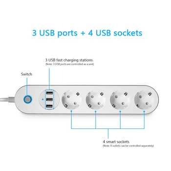 4 EU Vtičnice Plug Wifi Smart Power Trak S 3 Polnjenje prek kabla USB Port Čas Aplikacijo Glasovni Nadzor Dela Z Alexa googlova Domača stran Pomočnik