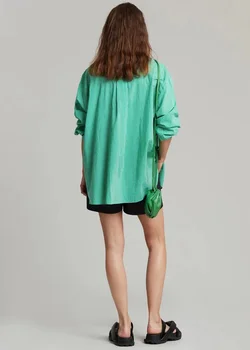 Oblikovalec zelena stripy rokavi ženske lnfluencer prevelik bombaž Gumb dolg rokav prugasta svoboden bluzo 2021 new visoke kakovosti