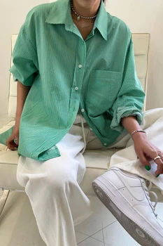 Oblikovalec zelena stripy rokavi ženske lnfluencer prevelik bombaž Gumb dolg rokav prugasta svoboden bluzo 2021 new visoke kakovosti